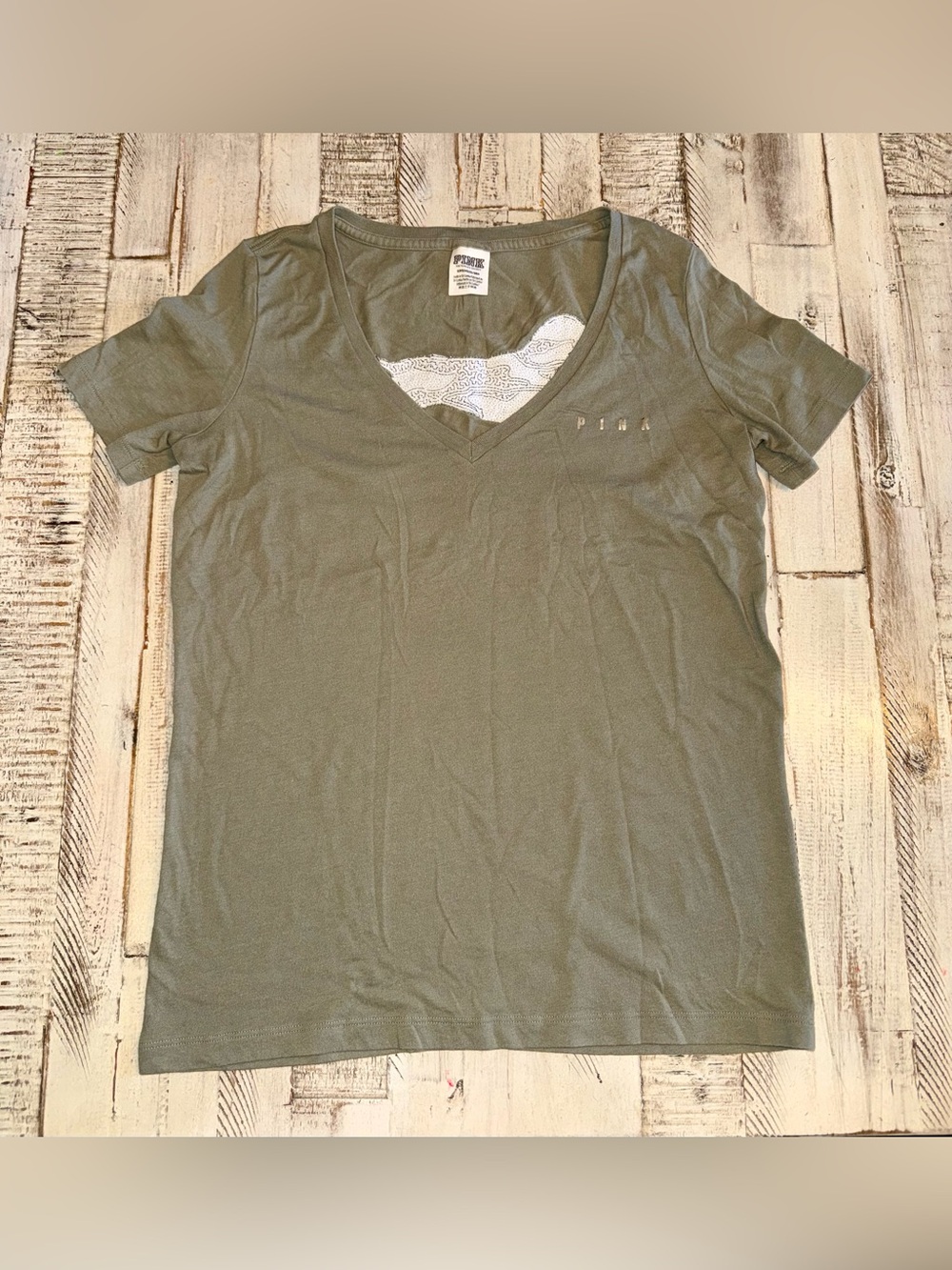 PINK Victoria's Secret Olive Green V‑Neck Short Sleeve Tee